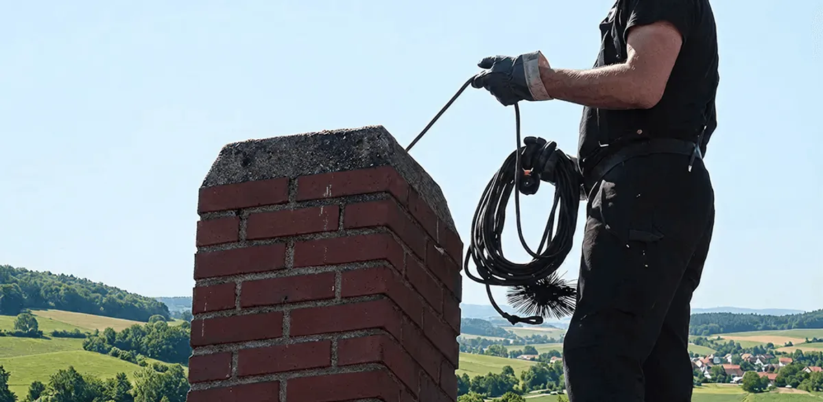 Chimney sweep inspecting and cleaning a rooftop chimney in Mobile, AL